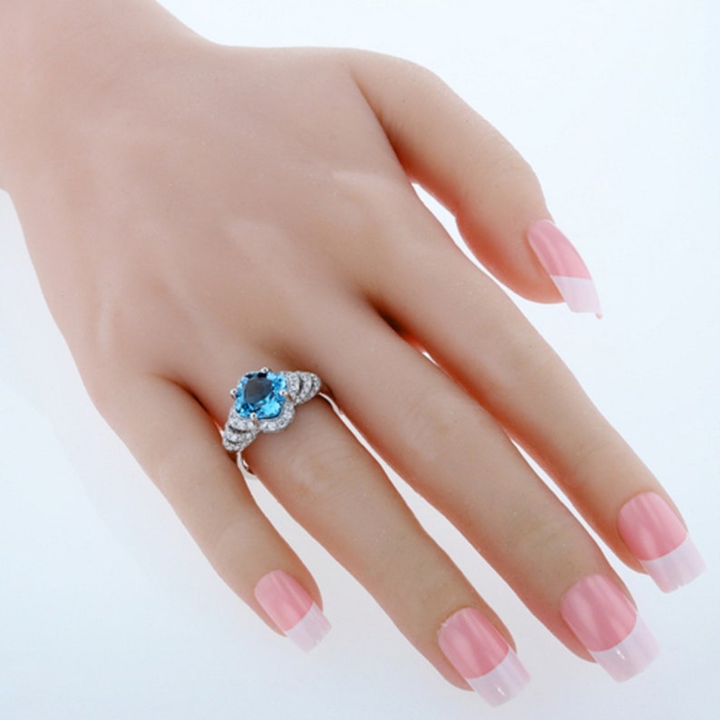 Engagement Ring 3.50 Carat Swiss Blue Topaz Sterling Silver Halo Ring Sizes 5 to 9 Gift for Her Eliana and Eli Jewelry