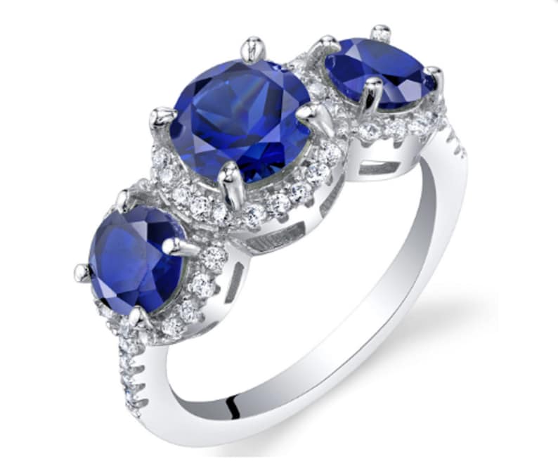 Stackable Birthstone Ring-Created Blue Sapphire Sterling Silver 3 Stone Halo Ring Three Stone Engagement Ring Gemstone Ring