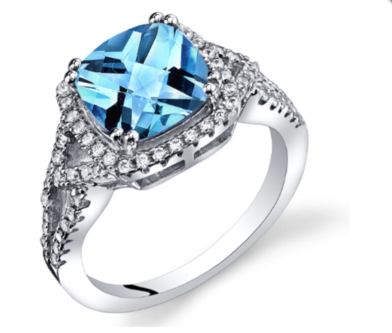 Gemstone Ring Handmade Engagement Ring Swiss Blue Topaz Cushion Cut Checkerboard Ring Sterling Silver 2.25 Carats Sizes 5 to 9