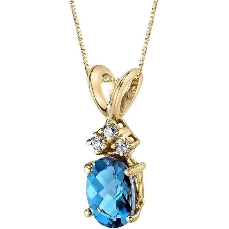 14 Karat Yellow Gold Oval Shape 1.00 Carats London Blue Topaz Diamond Pendant Mom Jewelry Necklace for Woman Layering