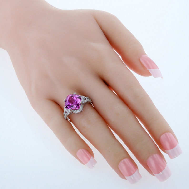 Gift for Her Eliana and Eli Jewelry Engagement Ring 7.50 Carat Created Pink Sapphire Sterling Silver Cushion Halo Ring Sizes 5 to 9