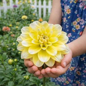 May include: A large, vibrant yellow dahlia flower with white-tipped petals is held in cupped hands. The flower's center is a darker yellow. The background shows a garden with green foliage and a white picket fence. The person is wearing a blue floral dress.