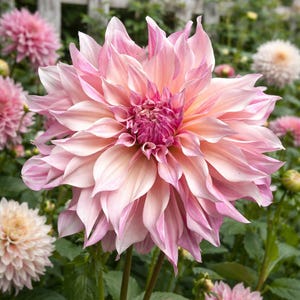 May include: A close-up of a large, fully bloomed dahlia flower with multiple layers of soft pink petals. The center is a darker shade of pink. Other dahlias and greenery are in the background.
