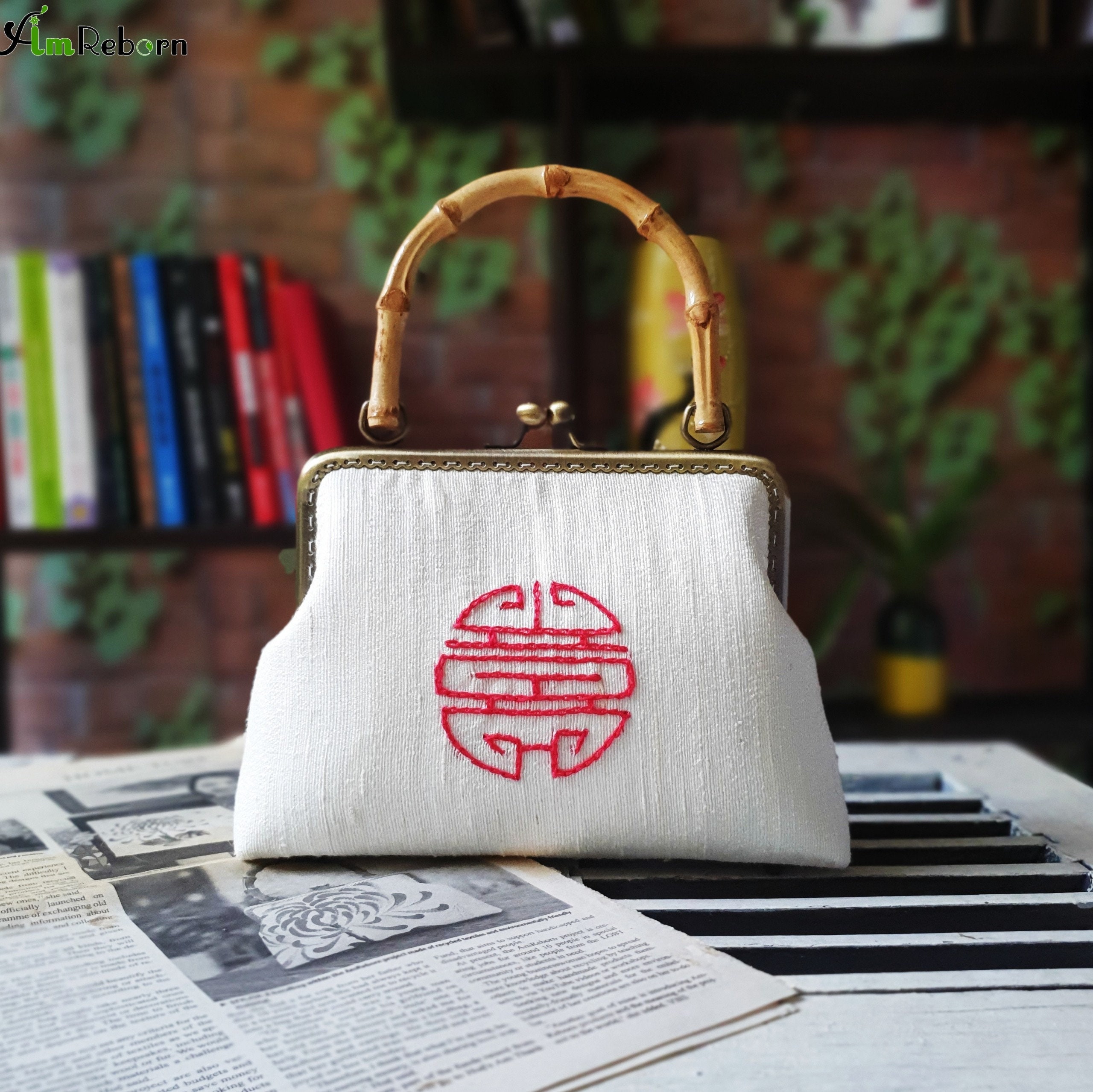 Hand-Embroidered Bamboo-strap Silk Bag