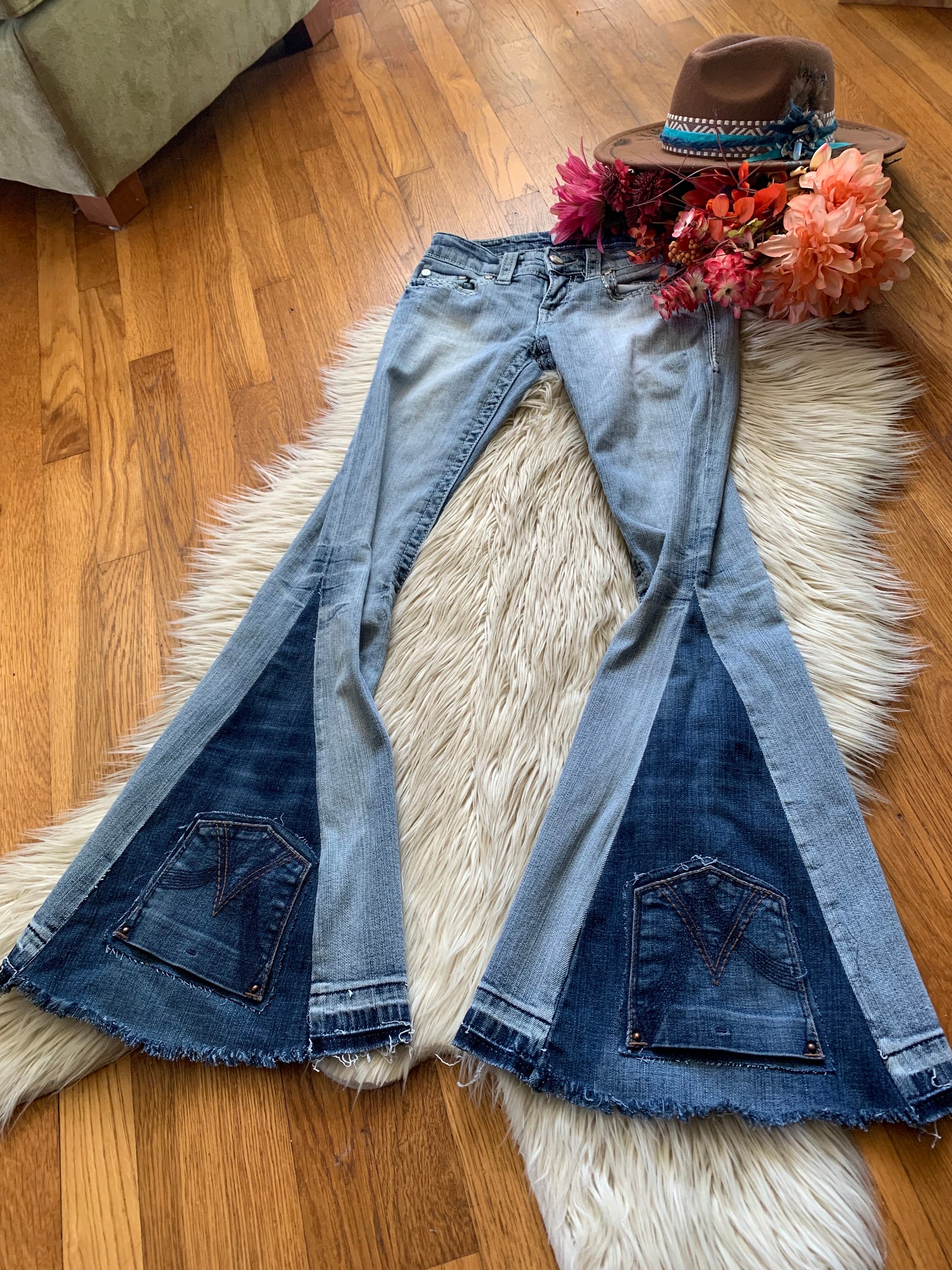Hand Made OOAK Bell Bottom Jeans, Flare Jeans, 70s Hippie Jeans