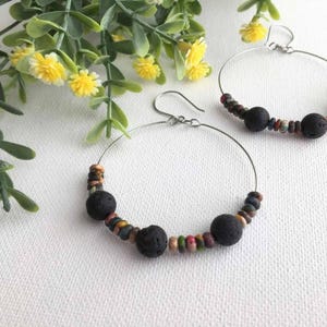 Big 2” hoops with black lava stones and multi color small bead. Lightweight essential oil diffuser jewelry