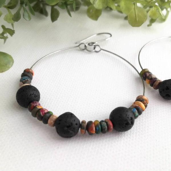 Boho lava rock beaded hoop earrings-handmade. Unwaxed black lava and small colorful earthy beads on stainless steel hoops with earwires