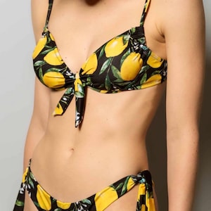 Black Lemon print Underwire Bralette Bikini Top with Adjustable Straps and Front Tie, Capri Amalfi Coast Swimwear, Premium Made in Italy