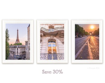 Paris at sunset wall art print set of 3 by Kateryna Kole. Travel, Set of 3 prints, French photography, Eiffel tower picture, Champs Elysses