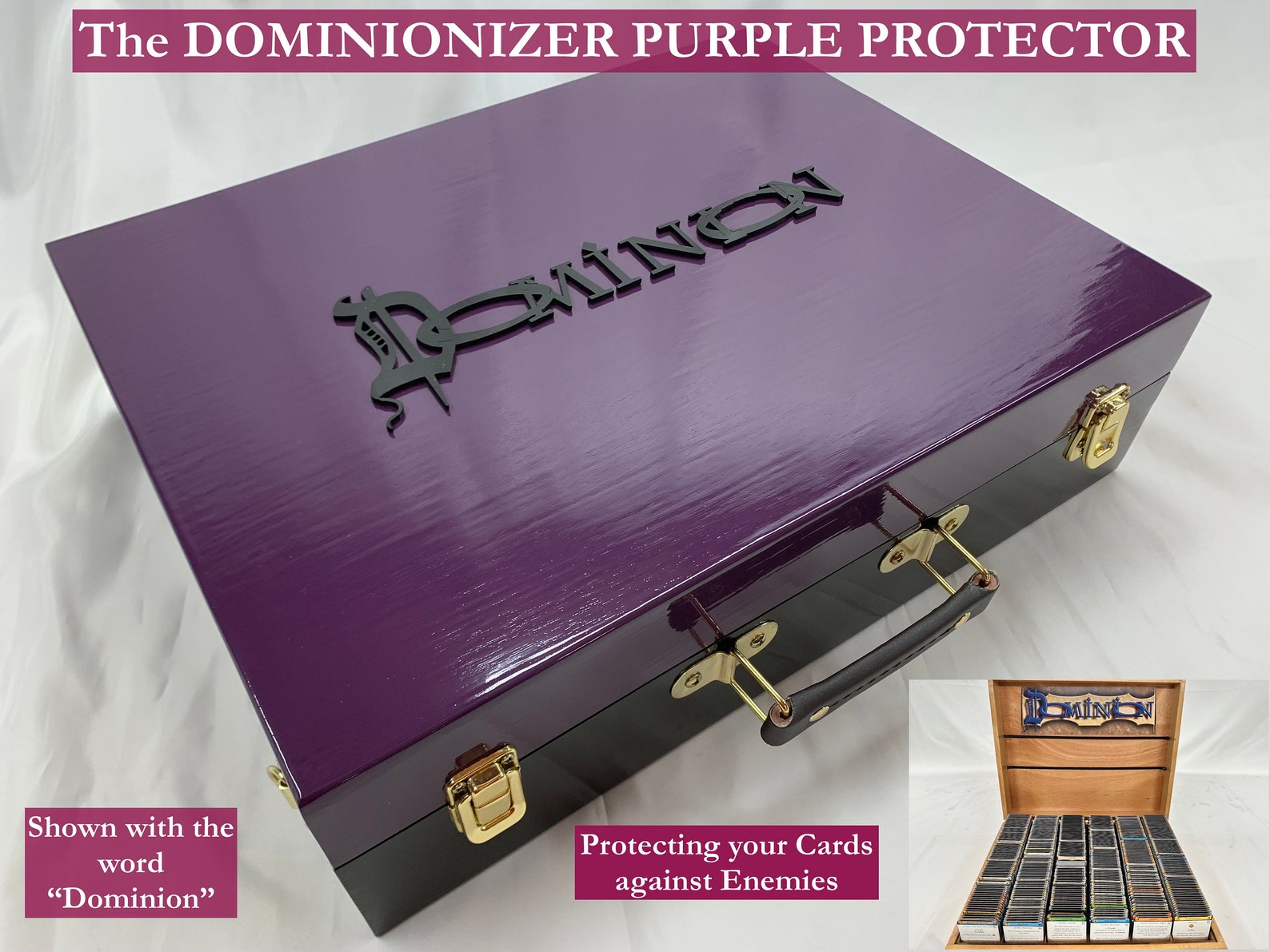 Dominion Card Game Organizer - The DOMINIONIZER PURPLE PROTECTOR Wooden Storage Case with/without Divider Cards