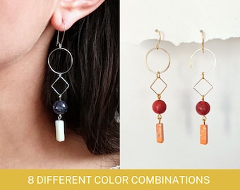 Long Geometric Earrings with Colorful Beads