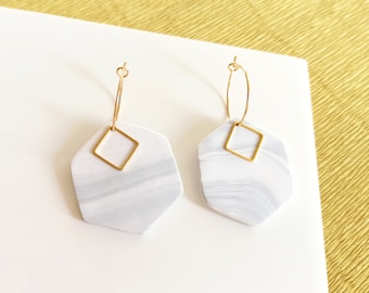 White Marbled Polymer Clay Earrings with Gold Plated Hoops