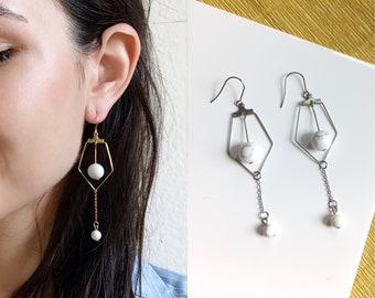 Long Sculptural Earrings with White Beads | Stainless Steel Earrings in Gold or Silver with Howlite Beads