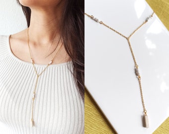 Lariat Necklace with White Beads | Gold-Plated Stainless Steel Y-Necklace