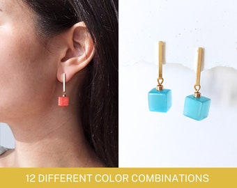 Colorful Earrings with Cube Beads | Gold or Silver Earrings with Bar Studs