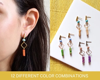 Colorful Dangle Earrings | Orange, Blue, Green, Purple Earrings with Jasper Beads