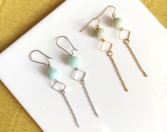 Geometric Earrings in Gold or Silver with Amazonite Beads