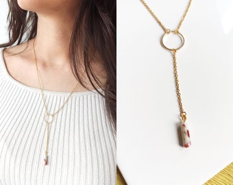 Golden Lariat Necklace with Jasper Bead | Gold-Plated Stainless Steel Necklace - waterproof