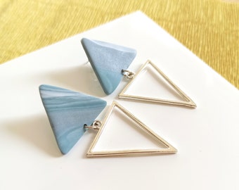 Blue Marbled Triangle Earrings | Gold or Silver