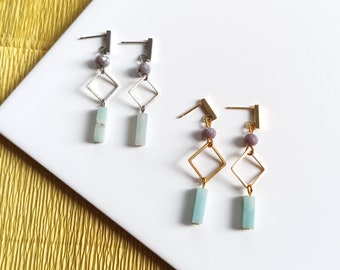 Mint Green Earrings with Amazonite | Gold or Silver Dangle Earrings with Mint Green & Lilac Beads