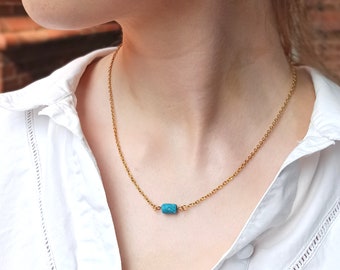 Delicate Necklace in Gold and Blue | Short Gold Necklace with Handmade Clay Bead