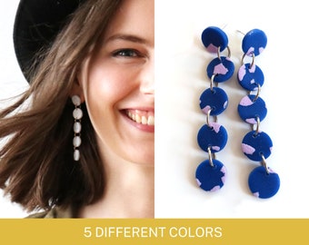Long Polymer Clay Circle Earrings | Unique Colorful Dangle Stud Earrings