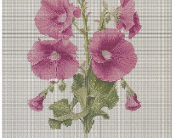 Hollyhock Botanical Illustration PDF Counted Cross Stitch Pattern in Colour and Black & White with Digital Image