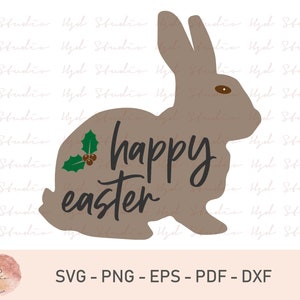Puede incluir: Una silueta de conejo marrón con una rama de acebo y el texto "happy easter" en letras negras.