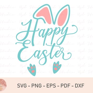 Puede incluir: Texto "Feliz Pascua" en azul turquesa con orejas de conejo en rosa y huellas de patas turquesa.
