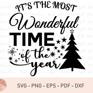 Könnte beinhalten: Schwarz-weiße Grafik mit dem Text "IT'S THE MOST Wonderful TIME of the year". Das Design beinhaltet einen Weihnachtsbaum, Sterne und Schneeflocken, ideal für Weihnachtsdekorationen.