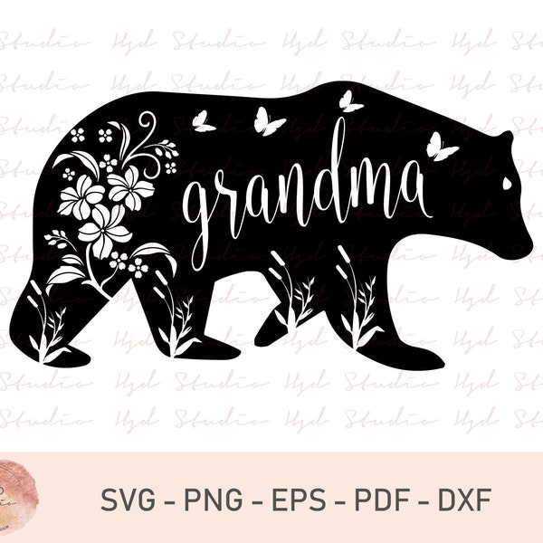 Grandma Bear SVG, Cut Files For Cricut And Silhouette, Grandma Bear DXF, Grandma Bear Floral Svg, Grandma Bear Cut Files, Butterfly Svg, PNG