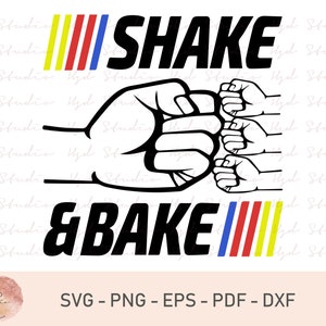 Pode incluir: Design gráfico em preto e branco de dois punhos se chocando com o texto "SHAKE & BAKE" em letras pretas acima e abaixo dos punhos. O texto é ladeado por uma série de quatro listras verticais em vermelho, azul, amarelo e vermelho.
