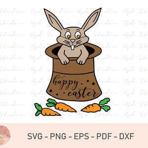 Puede incluir: Un conejo marrón con un sombrero marrón que dice "happy easter" en blanco. El conejo está sentado en el sombrero con las orejas levantadas. Hay tres zanahorias verdes con puntas naranjas delante del sombrero.