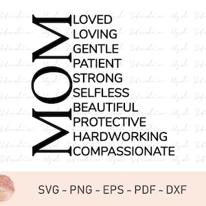 May include: Black and white graphic design with the word "MOM" in large letters. The letters are surrounded by words describing a mother, such as "loved", "loving", "gentle", "patient", "strong", "selfless", "beautiful", "protective", "hardworking", and "compassionate".