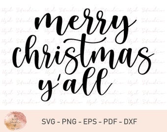 May include: Black and white calligraphy design that reads "merry christmas y'all".