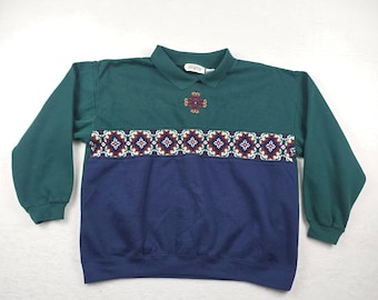 Vintage American Sportif Green Navy Geometric Colorblock Collared Sweatshirt L