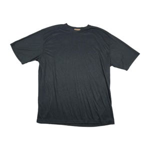 May include: A dark gray short-sleeve t-shirt. The shirt has a crew neck and a textured, ribbed appearance. The fabric appears lightweight and breathable, suitable for casual wear. The shirt is laid flat against a white background.
