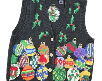 Vintage Eagle's Eye Medium Hand Knit Holiday Sweater Vest Black Cotton Christmas