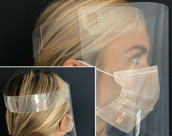 May include: A clear plastic face shield with a headband. The shield is designed to protect the wearer's face from droplets.