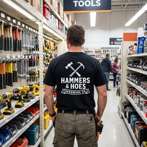 May include: A person in a hardware store wearing a black t-shirt with the text "HAMMERS & HOES HARDWARE CO." and a crossed hammer and hoe graphic. Shelves are stocked with tools, including hammers, drills, and wrenches.