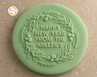 Happy New Year with Family Name Wreath (Style 12) Debosser/Embosser/Fondant Stamp