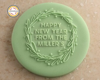 Happy New Year with Family Name Wreath (Style 19) Debosser/Embosser/Fondant Stamp