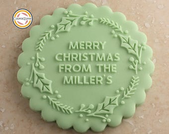 Merry Christmas with Family Name Wreath (Style 11) Debosser/Embosser/Fondant Stamp