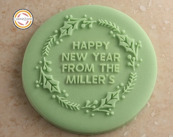 Happy New Year with Family Name Wreath (Style 11) Debosser/Embosser/Fondant Stamp