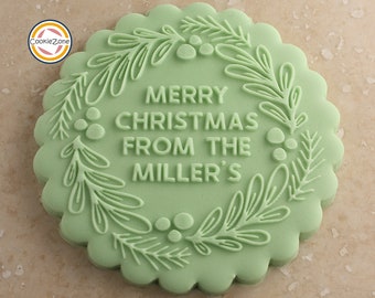 Merry Christmas with Family Name Wreath (Style 12) Debosser/Embosser/Fondant Stamp