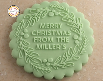 Merry Christmas with Family Name Wreath (Style 12) Debosser/Embosser/Fondant Stamp