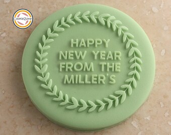 Happy New Year with Family Name Wreath (Style 5) Debosser/Embosser/Fondant Stamp