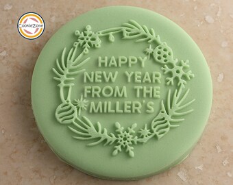 Happy New Year with Family Name Wreath (Style 3) Debosser/Embosser/Fondant Stamp