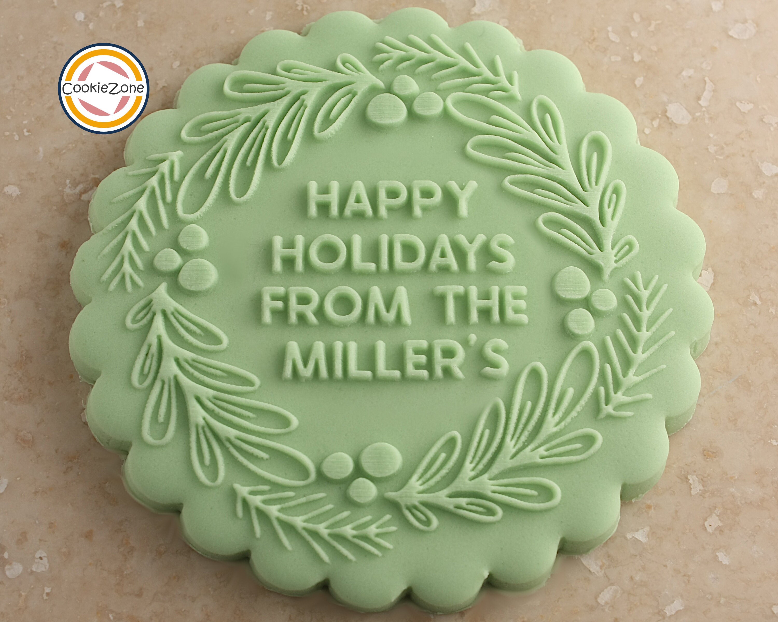 Happy Holidays with Family Name Wreath (Style 12) Debosser/Embosser/Fondant Stamp