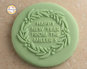Happy New Year with Family Name Wreath (Style 8) Debosser/Embosser/Fondant Stamp